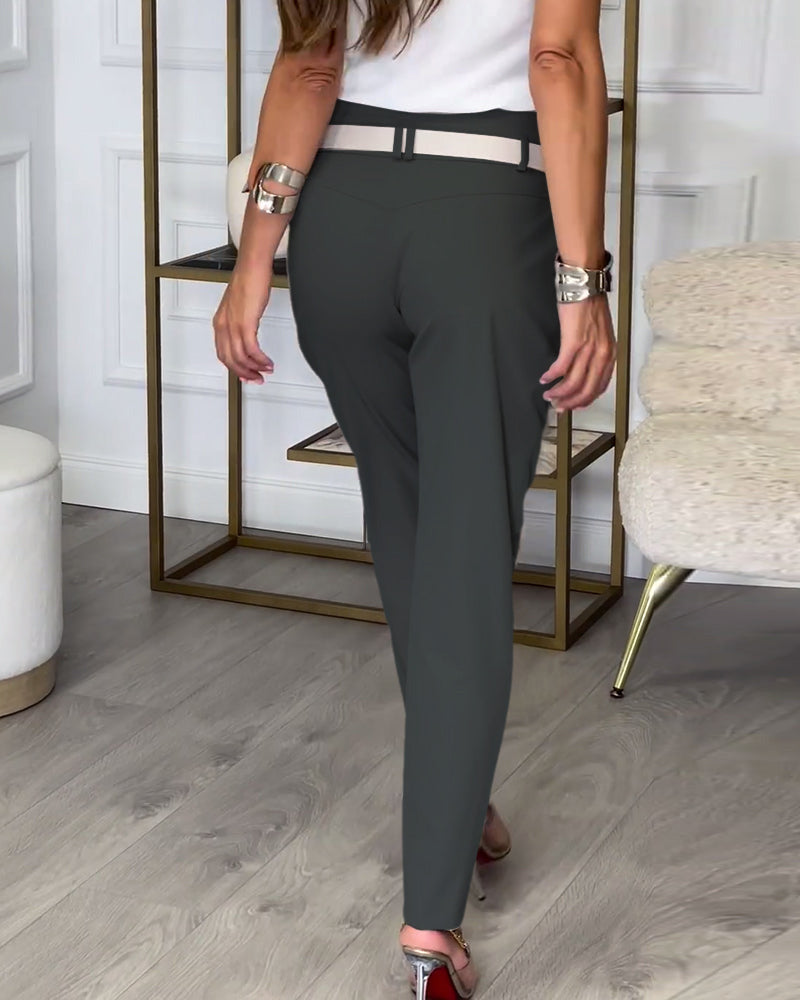 Trendy Ladies Patchwork Trousers with Belt - Liv-Gray-S-Nora Luxe