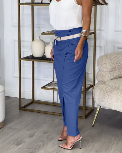 Trendy Ladies Patchwork Trousers with Belt - Liv-Gray-S-Nora Luxe