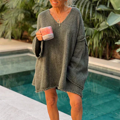Women's Fashionable V-Neck Pullover Sweater - Pexav