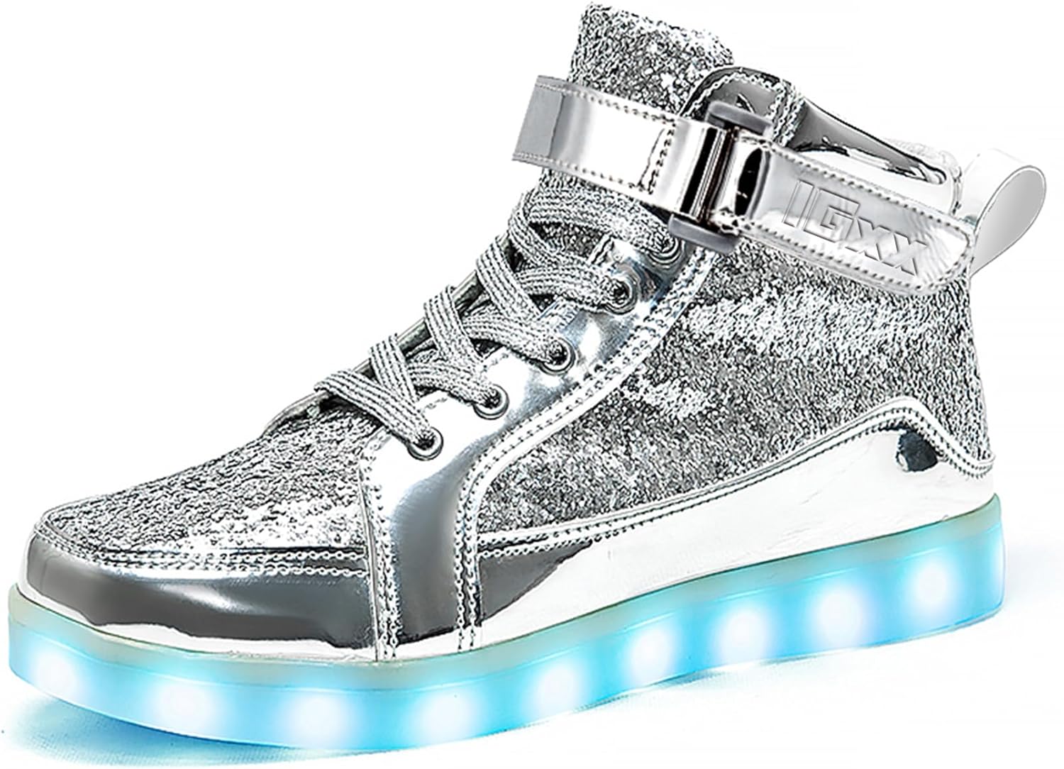 Trendy LED Sneakers with Rechargeable Lighting - LumaBoost-Glitter Silver-2.5-Nora Luxe