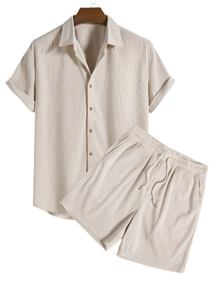 Trendy men's summer set with striped design - Beach Style-Beige-The Livary