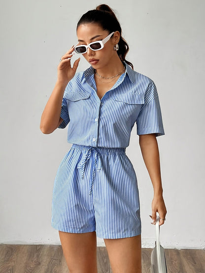 Trendy women's jumpsuit with short sleeves for summer - StripeFresh-S-The Livary