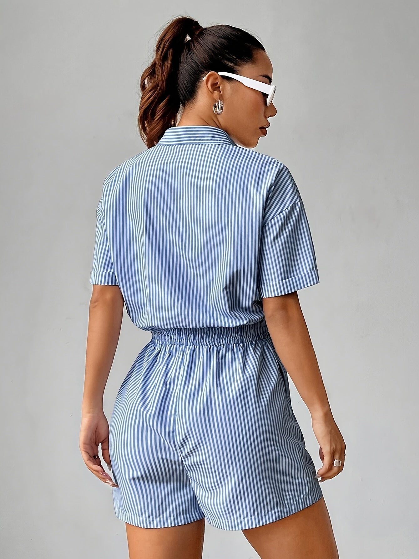 Trendy women's jumpsuit with short sleeves for summer - StripeFresh-S-The Livary