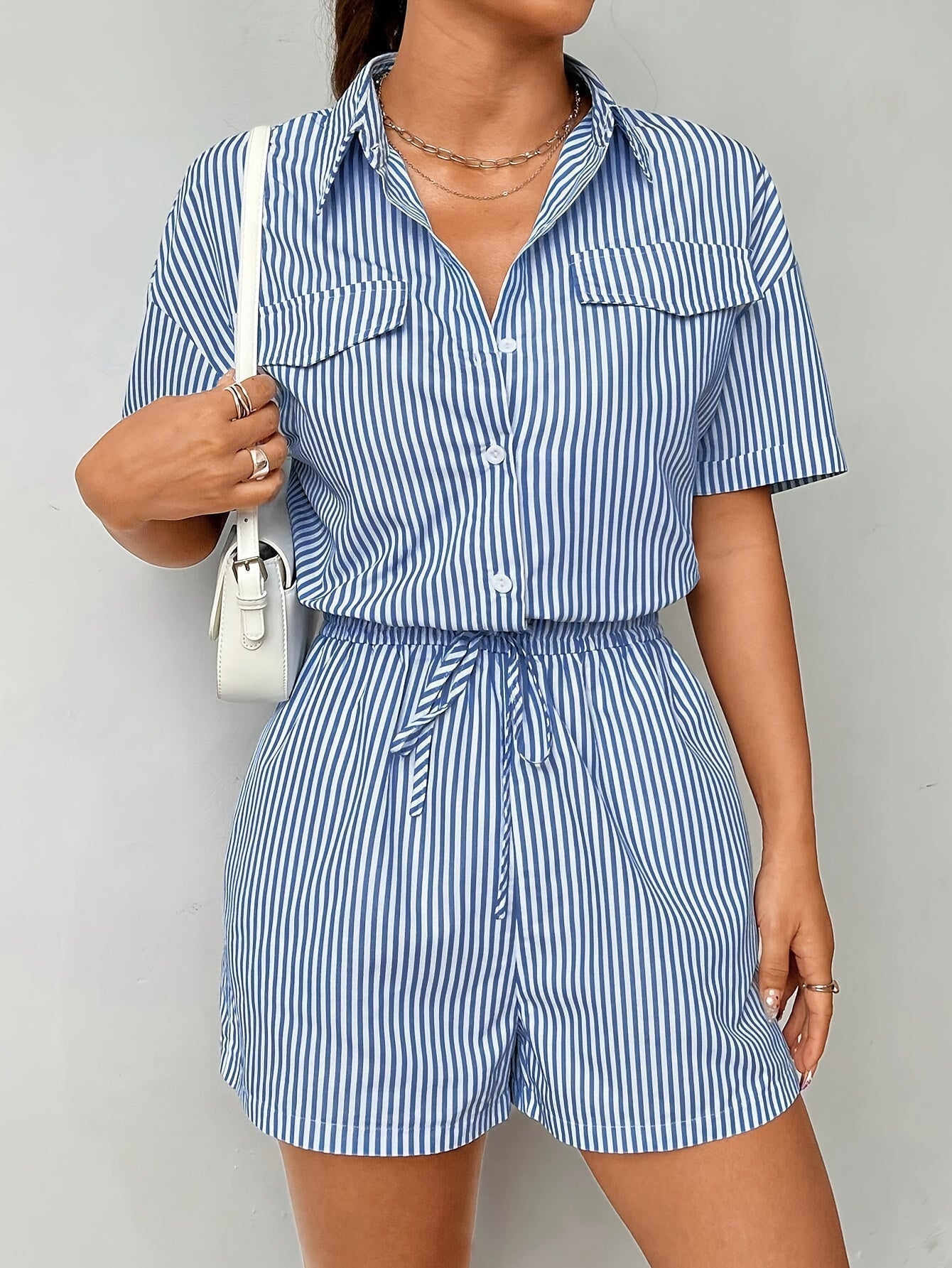 Trendy women's jumpsuit with short sleeves for summer - StripeFresh-S-The Livary