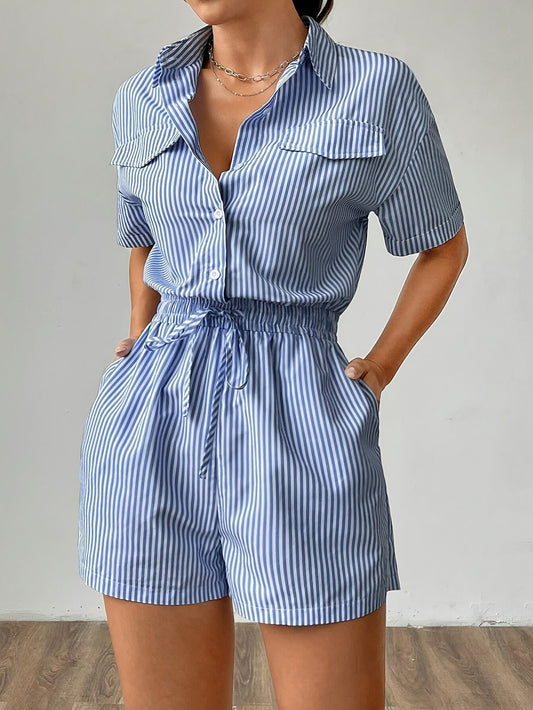 Summer Stripe Women's Short Sleeve Jumpsuit - Pexav