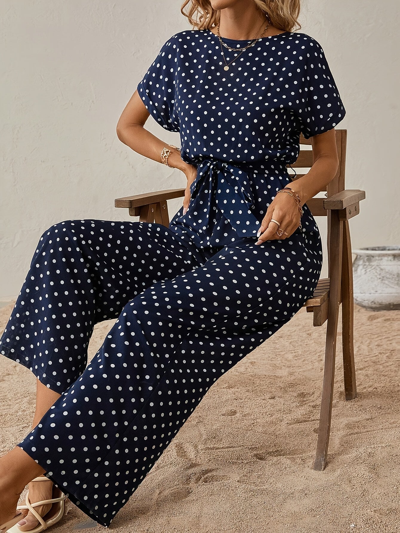 Trendy women's jumpsuit with waistband and polka dot pattern - DotJoy-S-The Livary