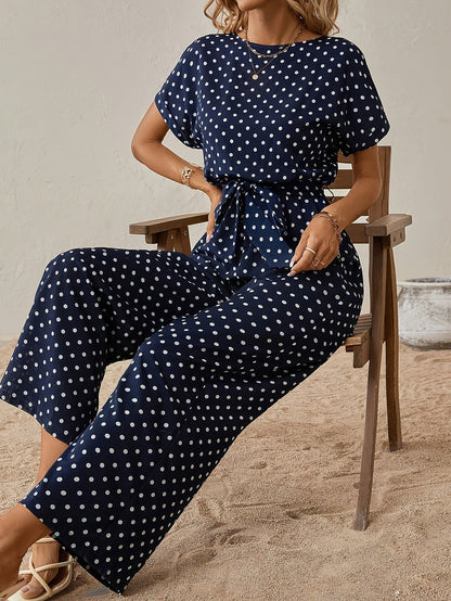 Trendy women's jumpsuit with waistband and polka dot pattern - DotJoy-S-The Livary