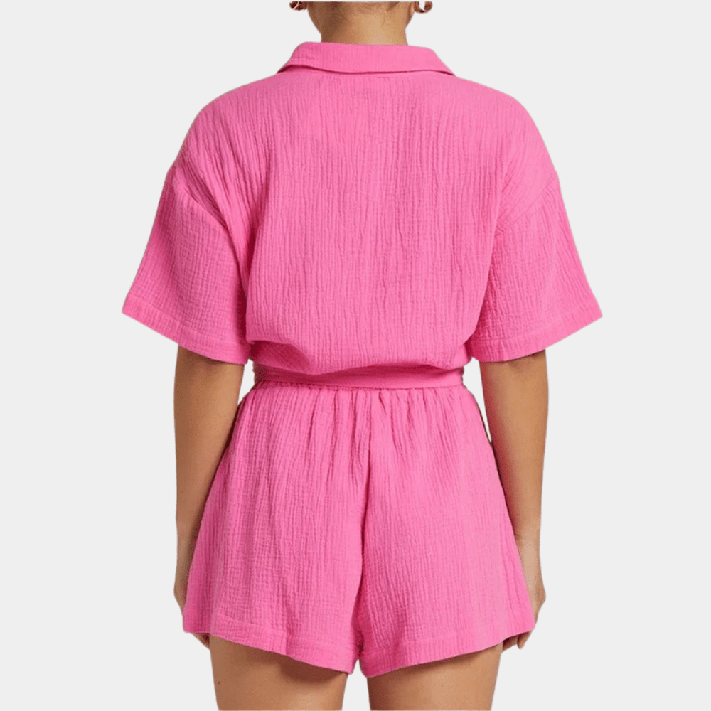 Two-piece ladies summer set with shirt and shorts – Noemi-Pink-XS-The Livary