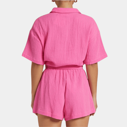 Two-piece ladies summer set with shirt and shorts – Noemi-Pink-XS-The Livary