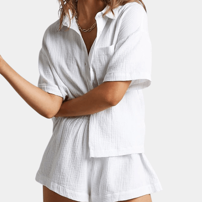 Two-piece ladies summer set with shirt and shorts – Noemi-White-XS-The Livary