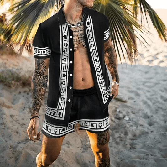 Mens Casual Patchwork Shorts Shirt Set - Pexav