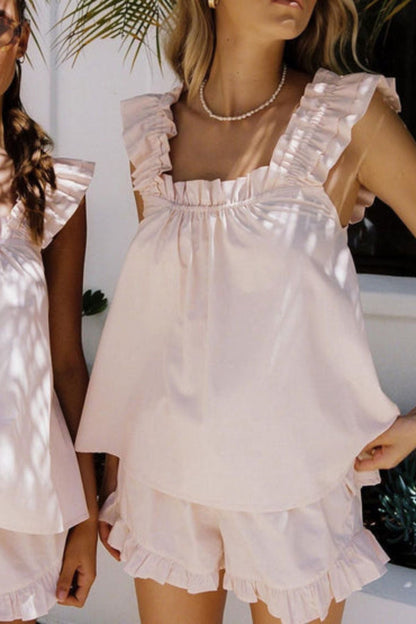 Two-piece ruffle pyjama set for summer – Nia-Pink-S-The Livary