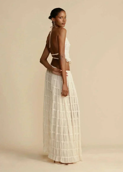 Two-piece summer outfit for women with boho skirt and off-the-shoulder top – Alina-White-S-The Livary
