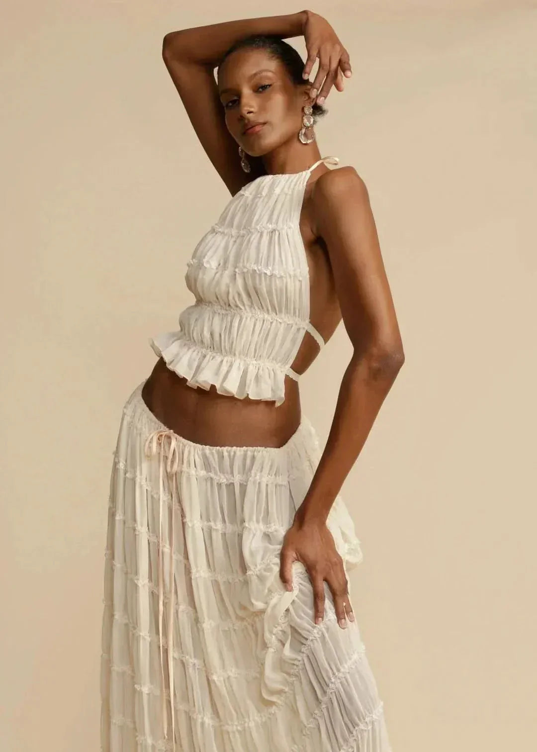 Two-piece summer outfit for women with boho skirt and off-the-shoulder top – Alina-White-S-The Livary