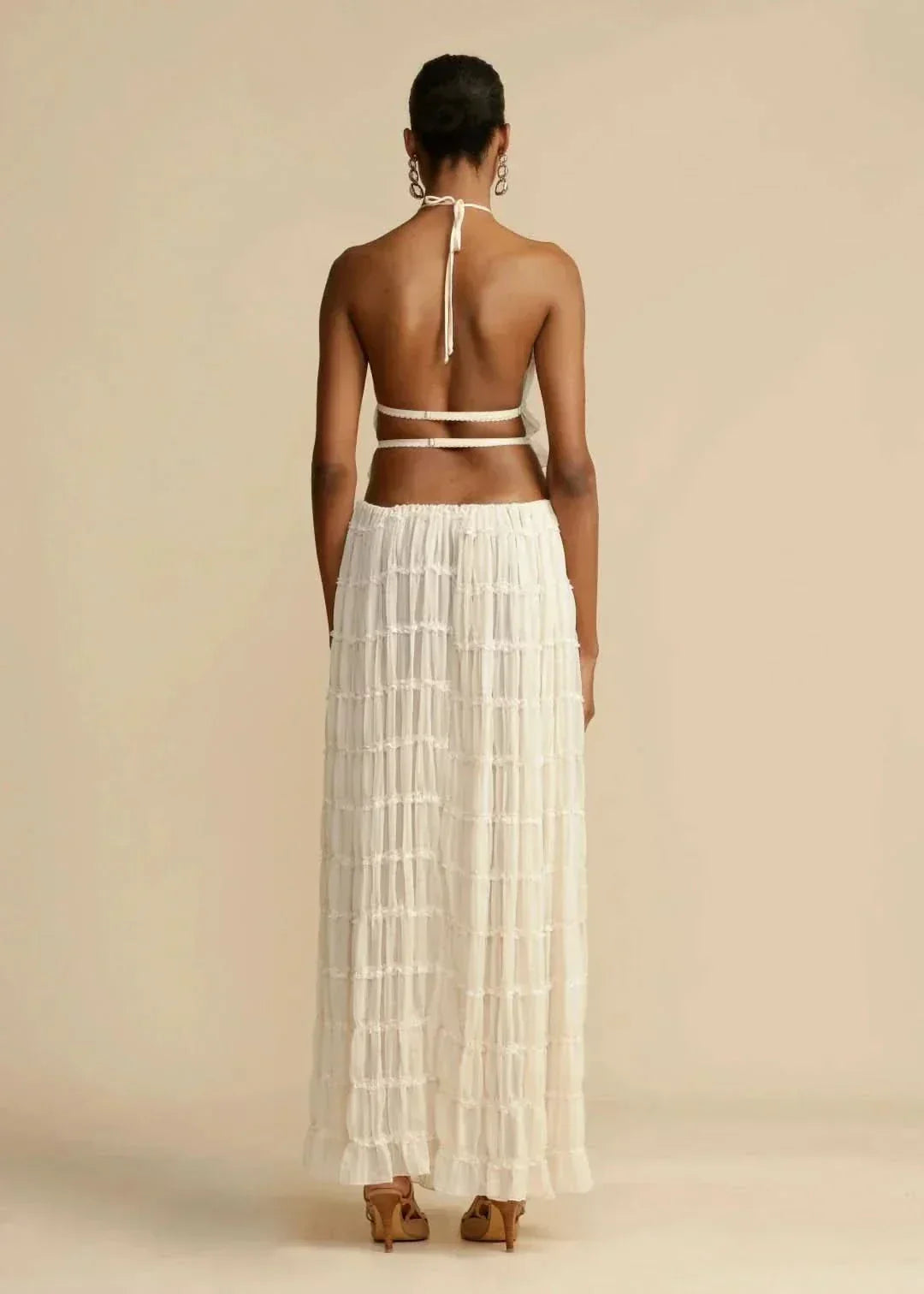 Two-piece summer outfit for women with boho skirt and off-the-shoulder top – Alina-White-S-The Livary