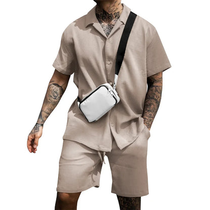 Two-piece summer set for men with shirt and shorts - Milan-Khaki-S-The Livary