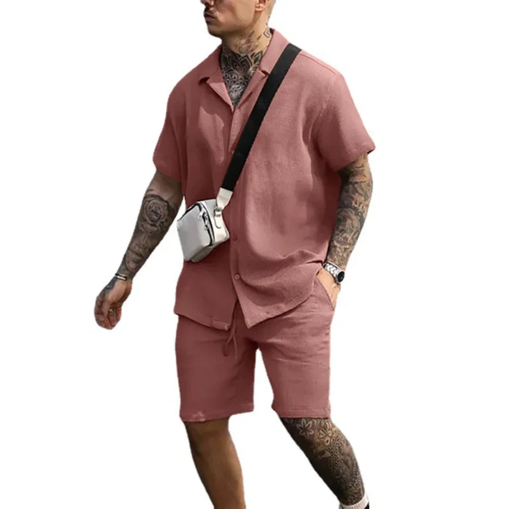 Two-piece summer set for men with shirt and shorts - Milan-Pink-S-The Livary