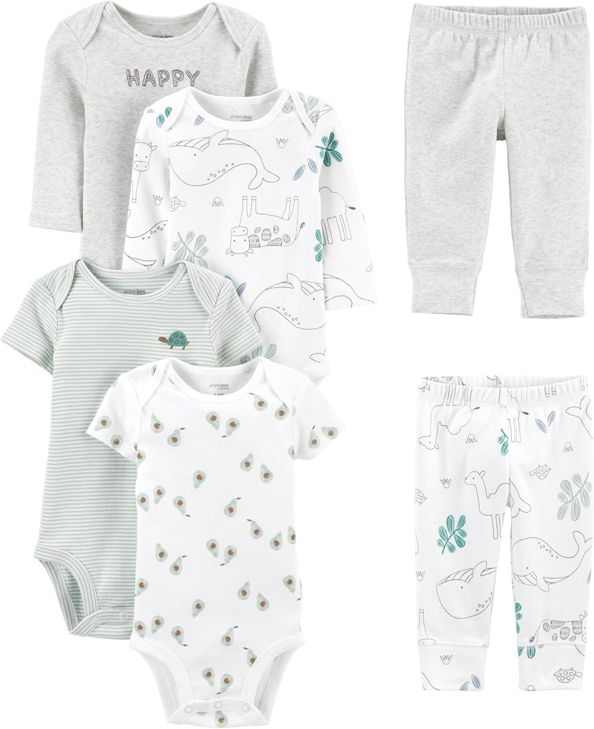 Unisex Baby 6-Piece Clothing Set-Gray Heather/White Animal Print/Avocados/Stripe/Text Print-0-3 months-Nora Luxe