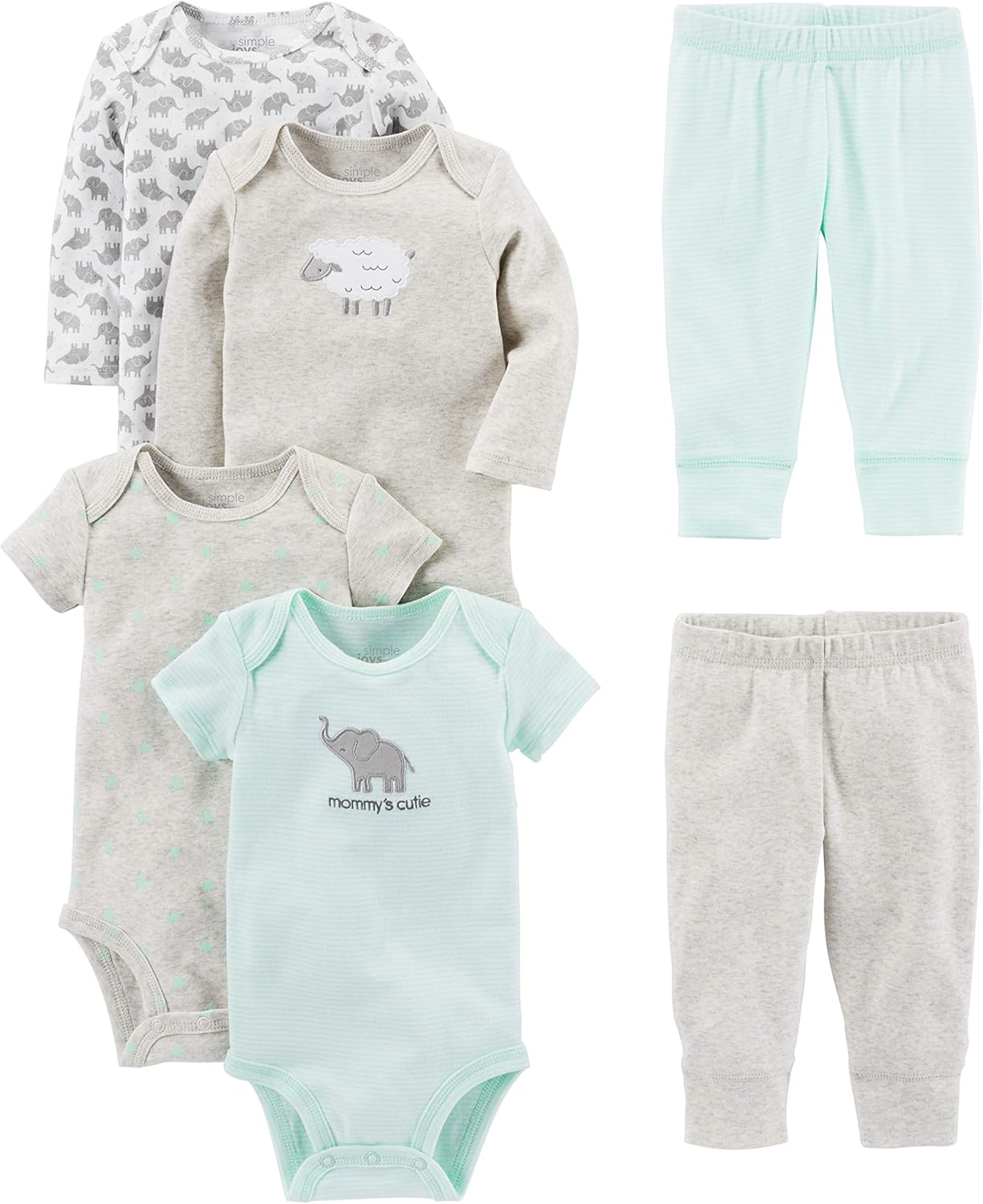 Unisex Baby 6-Piece Clothing Set-Gray/Mint Green/Elephant/Lamb-0-3 months-Nora Luxe