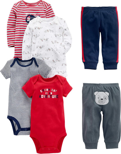 Unisex Baby 6-Piece Clothing Set-Multicolor/Bear/Dogs/Stripe/Text Print-0-3 months-Nora Luxe