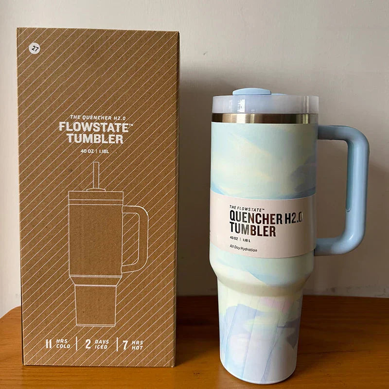 Vacuum Insulated Cup with Lid and Straw - ThermoTumbler-Blue whirling-Nora Luxe