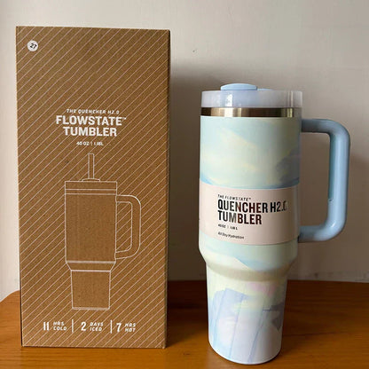 Vacuum Insulated Cup with Lid and Straw - ThermoTumbler-Blue whirling-Nora Luxe