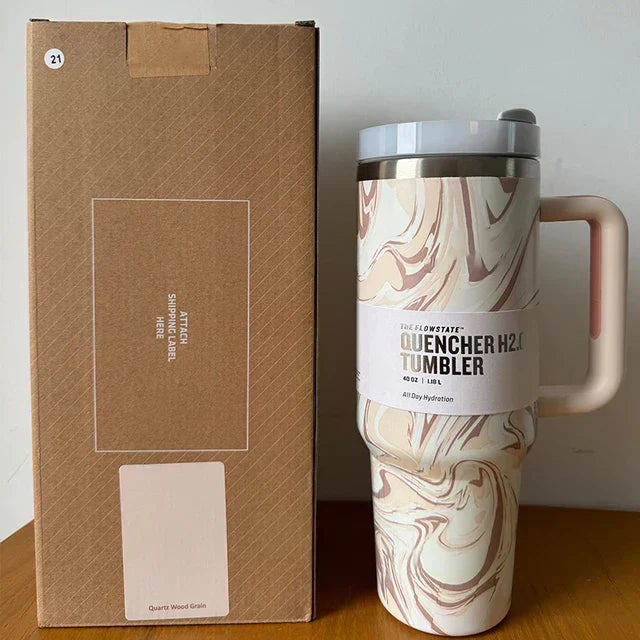 Vacuum Insulated Cup with Lid and Straw - ThermoTumbler-Rose quartz swirl-Nora Luxe