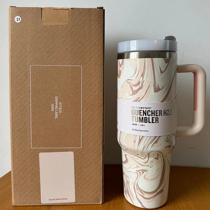 Vacuum Insulated Cup with Lid and Straw - ThermoTumbler-Rose quartz swirl-Nora Luxe
