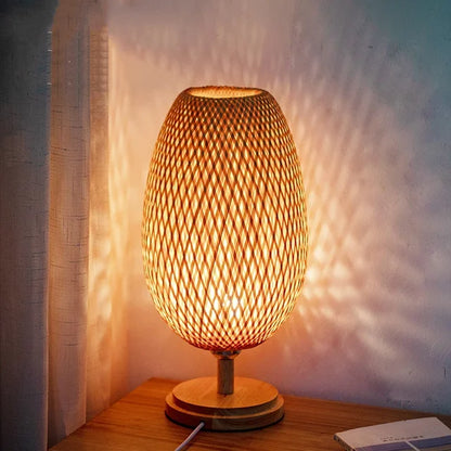 Vintage Bamboo Table Lamp - TimberGlow-Large Wooden Foot - H18.90 in × W7.09 in-Nora Luxe