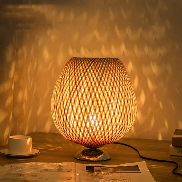 Vintage Bamboo Table Lamp - TimberGlow-Small Metal Base - H11.81 in × W9.06 in-Nora Luxe