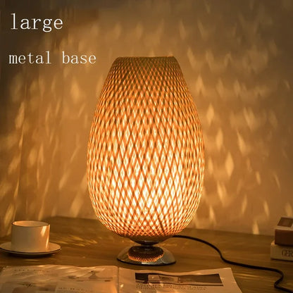 Vintage Bamboo Table Lamp - TimberGlow-Small Wooden Foot - H14.17 in × W9.06 in-Nora Luxe