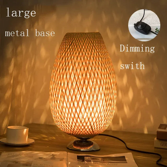Vintage Bamboo Table Lamp - TimberGlow-Small Wooden Foot - H14.17 in × W9.06 in-Nora Luxe