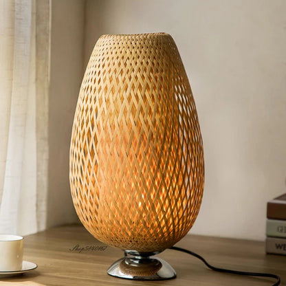 Vintage Bamboo Table Lamp - TimberGlow-Small Wooden Foot - H14.17 in × W9.06 in-Nora Luxe