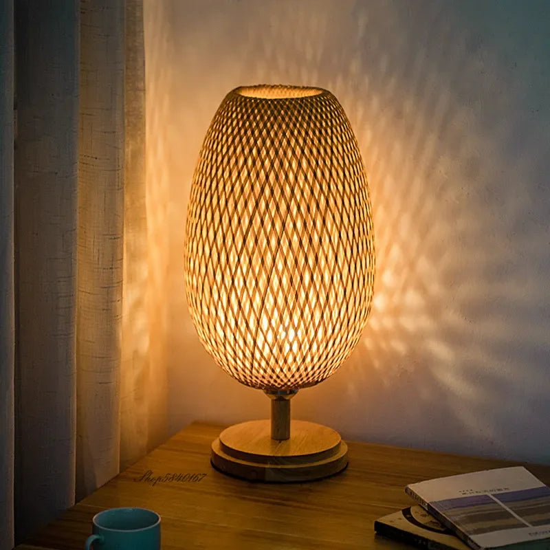 Vintage Bamboo Table Lamp - TimberGlow-Small Wooden Foot - H14.17 in × W9.06 in-Nora Luxe