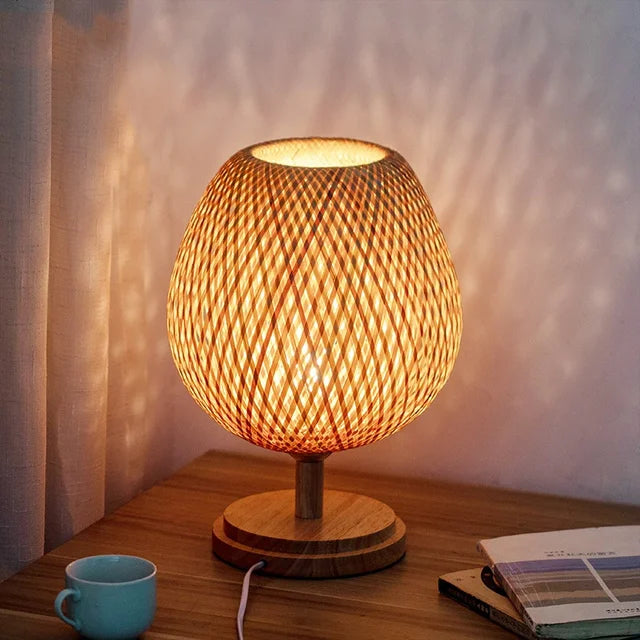 Vintage Bamboo Table Lamp - TimberGlow-Small Wooden Foot - H14.17 in × W9.06 in-Nora Luxe