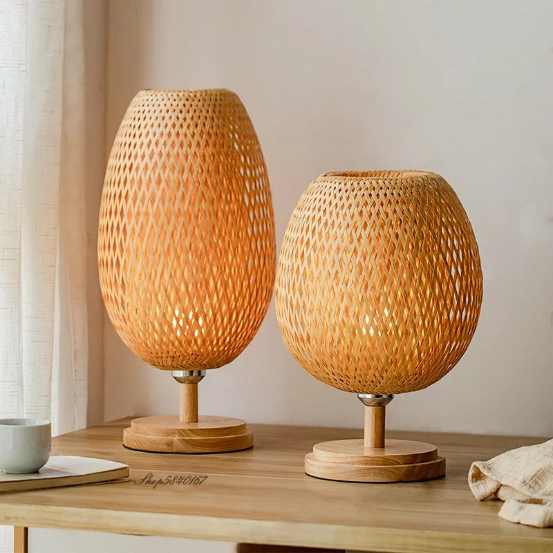 Vintage Bamboo Table Lamp - TimberGlow-Small Wooden Foot - H14.17 in × W9.06 in-Nora Luxe