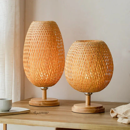 Vintage Bamboo Table Lamp - TimberGlow-Small Wooden Foot - H14.17 in × W9.06 in-Nora Luxe