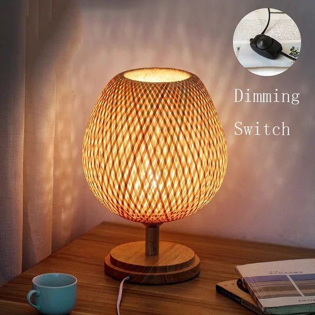 Vintage Bamboo Table Lamp - TimberGlow-Small Wooden Foot - H14.17 in × W9.06 in-Nora Luxe