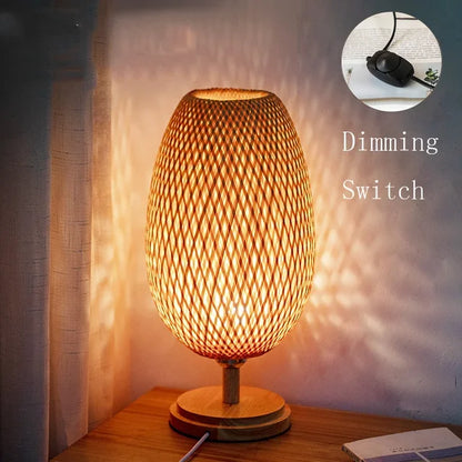 Vintage Bamboo Table Lamp - TimberGlow-Small Wooden Foot - H14.17 in × W9.06 in-Nora Luxe