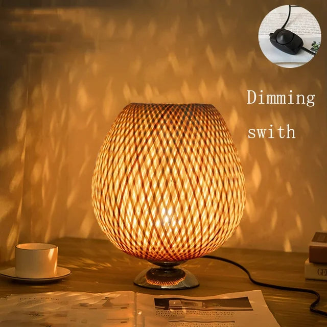 Vintage Bamboo Table Lamp - TimberGlow-Small Wooden Foot - H14.17 in × W9.06 in-Nora Luxe