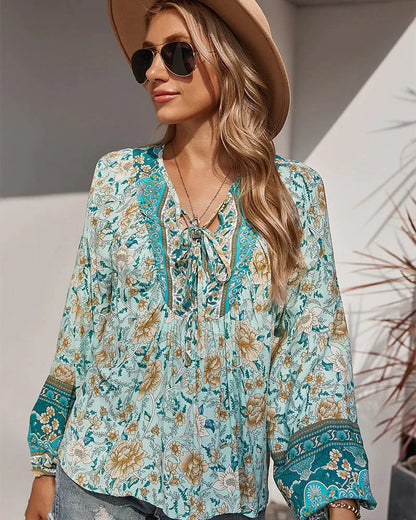 Vintage Boho summer blouse with floral print and long sleeves – Sana-Green-S-The Livary