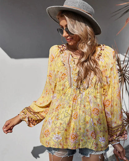 Vintage Boho summer blouse with floral print and long sleeves – Sana-Green-S-The Livary