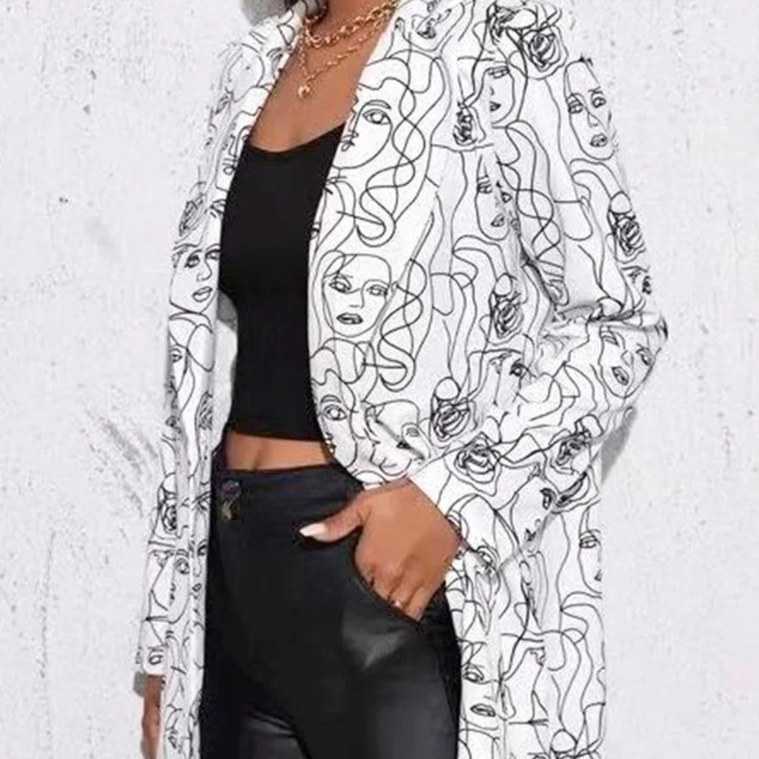 Vintage Casual Blazer with Irregular Print - Aria-Black and White-S-Nora Luxe