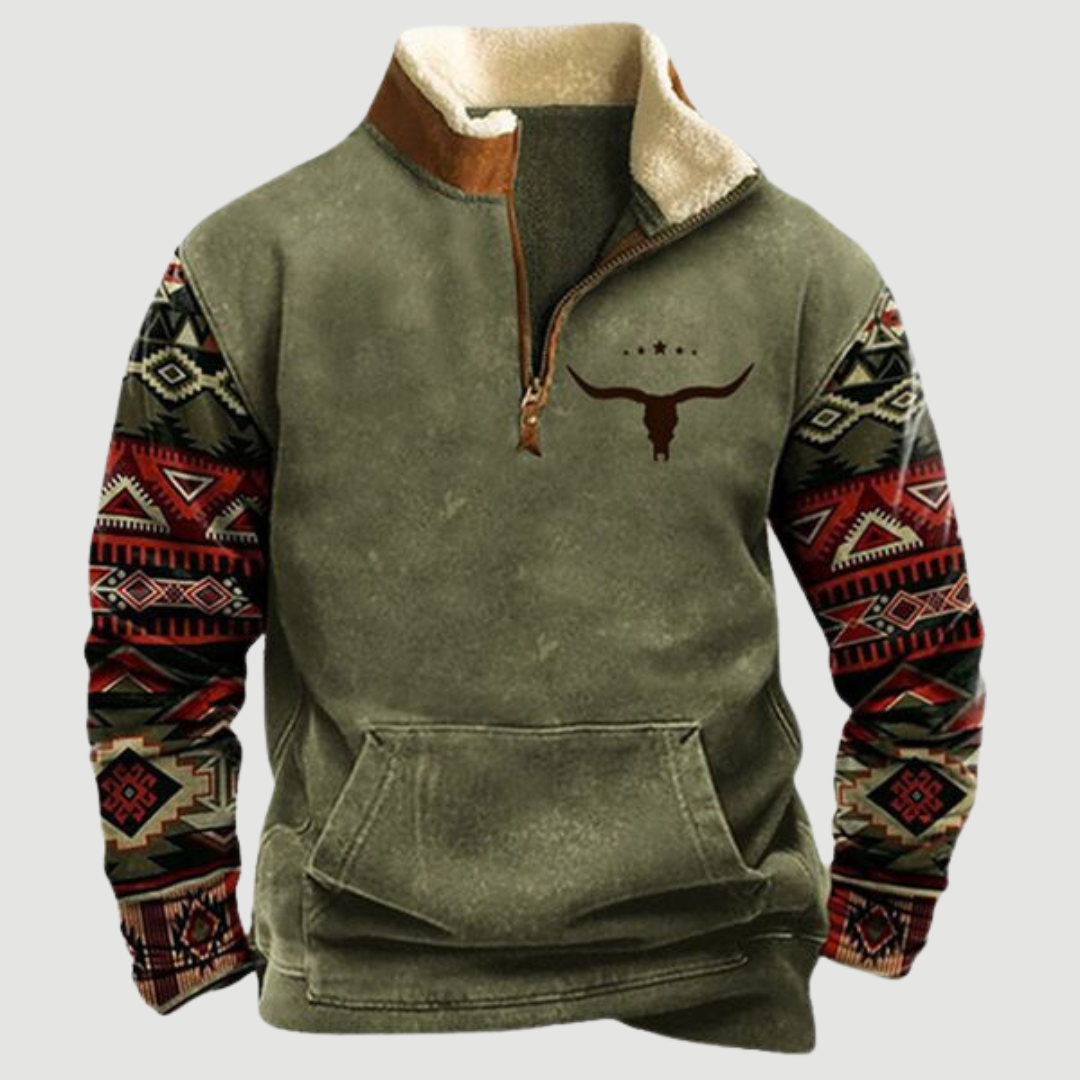 Vintage Fleece Winter Jumper with Zip for Men - Felix-Olive with Bull Silhouette-S-Nora Luxe