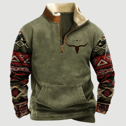 Vintage Fleece Winter Jumper with Zip for Men - Felix-Olive with Bull Silhouette-S-Nora Luxe