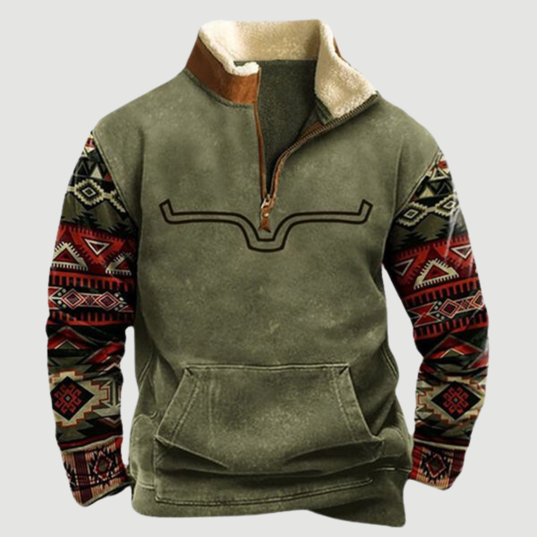 Vintage Fleece Winter Jumper with Zip for Men - Felix-Olive with Horn Motif-S-Nora Luxe