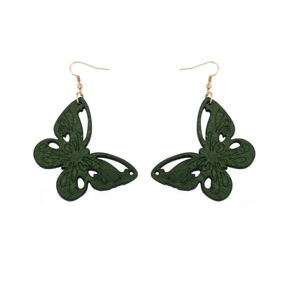 Vintage Green Carved Wooden Earrings | Unique Handmade Jewellery-BUTTERFLY-Nora Luxe
