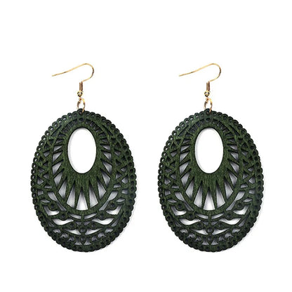 Vintage Green Carved Wooden Earrings | Unique Handmade Jewellery-OVAL-Nora Luxe