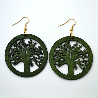 Vintage Green Carved Wooden Earrings | Unique Handmade Jewellery-TREE-Nora Luxe