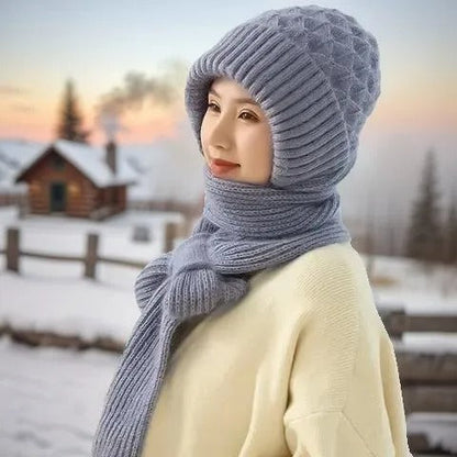 Warm Ladies Beanie with Integrated Scarf - Nora-Khaki-Nora Luxe